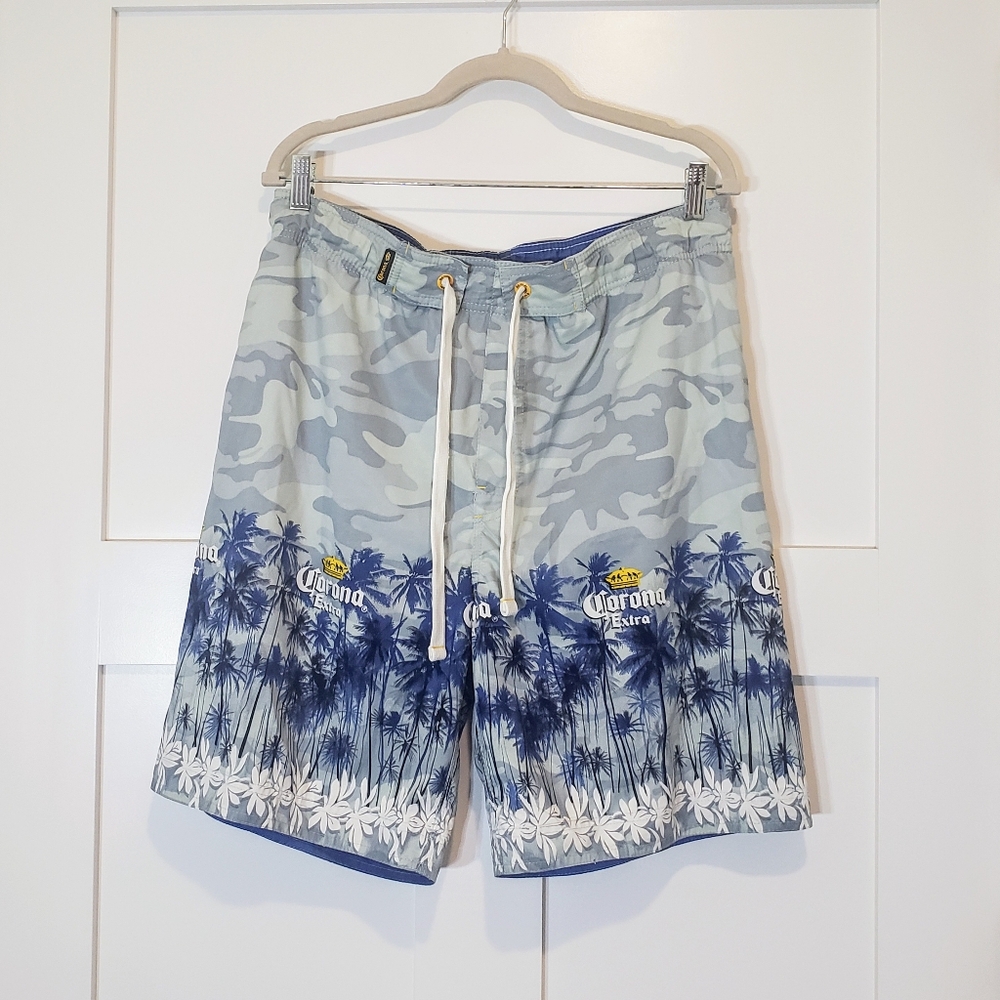 Corona Camouflage Swim Shorts Size Small Blue White Palm Trees